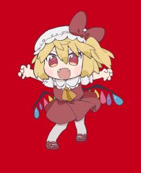 Rule 34 | 1girl, arms up, ascot, blonde hair, bow, chibi, citrus (place), claw pose, commentary request, crystal, fangs, flandre scarlet, full body, gao, hair between eyes, hat, hat bow, looking at viewer, mob cap, one side up, pantyhose, puffy short sleeves, puffy sleeves, red background, red bow, red eyes, red skirt, red vest, short hair, short sleeves, simple background, skirt, skirt set, solo, standing, touhou, v-shaped eyebrows, vampire, vest, white pantyhose, wings, yellow ascot