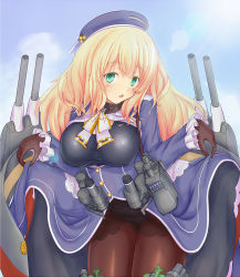 Rule 34 | 10s, 1girl, :o, atago (kancolle), blonde hair, blush, breasts, brown gloves, brown pantyhose, chestnut mouth, clothes lift, cowboy shot, dress, dress lift, em s, fur collar, gloves, green eyes, hat, kantai collection, large breasts, long hair, looking at viewer, machinery, pantyhose, pantyhose under swimsuit, school swimsuit, solo, swimsuit, swimsuit under clothes, turret, uniform