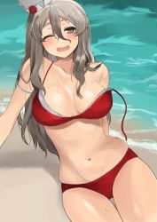 Rule 34 | 1girl, absurdres, bikini, breasts, brown eyes, commentary request, drunk, grey hair, highres, kantai collection, large breasts, long hair, looking at viewer, navel, one eye closed, open mouth, pola (kancolle), red bikini, solo, swimsuit, thick eyebrows, tilted headwear, toriniku senshi chikinman, untied bikini, wavy hair