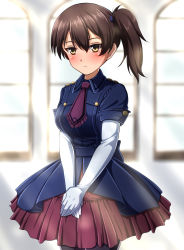 Rule 34 | 1girl, backlighting, black pantyhose, blue dress, blurry, blurry background, blush, brown eyes, brown hair, bubble skirt, closed mouth, collared dress, commentary request, cowboy shot, depth of field, dress, elbow gloves, formal, frilled neckwear, frown, gloves, hair tie, highres, kaga (kancolle), kantai collection, long hair, looking at viewer, necktie, own hands together, pantyhose, petticoat, purple necktie, short dress, short sleeves, side ponytail, sitting, skirt, solo, v arms, zanntetu