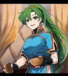 Rule 34 | 1girl, black gloves, blue dress, china dress, chinese clothes, cup, curtains, dress, earrings, fingerless gloves, fire emblem, fire emblem: the blazing blade, gloves, green eyes, green hair, highres, holding, holding cup, indoors, jewelry, long hair, looking at viewer, lyn (fire emblem), mogana zo, nintendo, open mouth, ponytail, short sleeves, smile, solo, teeth, upper teeth only, very long hair