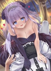 Rule 34 | 1boy, 1girl, age difference, black dress, black flower, blue eyes, braid, breasts, cleavage, collarbone, commission, crossdressing, crown braid, curtains, dress, elbow gloves, flower, gloves, hair flower, hair ornament, heart, hetero, highres, inia sestina, looking down, maid, makishima azusa, male maid, medium breasts, muv-luv, muv-luv alternative, muv-luv exogularity, second-party source, signature, silver hair, single glove, skeb commission, skyline, tiara, white dress