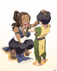 Rule 34 | 1boy, 1girl, :d, ^ ^, avatar: the last airbender, avatar legends, barefoot, black hair, breasts, brown hair, closed eyes, dark-skinned female, dark skin, flower, genderswap, genderswap (ftm), genderswap (mtf), hair bun, hand on another&#039;s head, headpat, holding, holding flower, large breasts, long hair, open mouth, outstretched arm, ponytail, short hair, single hair bun, smile, sokka, t k g, toph bei fong