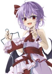 Rule 34 | 1girl, akisome hatsuka, bikini, commentary request, fang, hair ribbon, index finger raised, looking at viewer, open mouth, pointy ears, purple hair, red eyes, red nails, red ribbon, remilia scarlet, ribbon, shirt, simple background, skirt, sleeveless, sleeveless shirt, smile, solo, swimsuit, touhou, unworn bikini, unworn swimsuit, white background, white shirt, white skirt, wrist cuffs