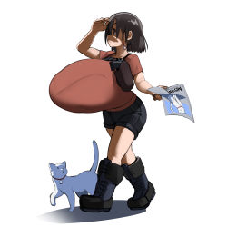 Rule 34 | 1girl, absurdres, boots, breasts, brown hair, cat, gigantic breasts, highres, holster, holstered, impossible clothes, impossible shirt, narita (naze), naze, red eyes, searching, shirt, shorts, solo