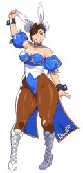 Rule 34 | 1girl, alternate costume, animal ears, arm up, bare shoulders, bracelet, breasts, brown eyes, brown hair, brown pantyhose, capcom, china dress, chinese clothes, chun-li, cleavage, collarbone, cross-laced footwear, curvy, double bun, dress, full body, grin, hair bun, jewelry, large breasts, lilirulu, looking at viewer, off shoulder, one eye closed, pantyhose, parted lips, rabbit ears, sash, smile, solo, standing, street fighter, thick thighs, thighs, transparent background, white footwear, wide hips