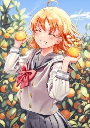Rule 34 | ahoge, blue sky, blush, bow, bowtie, braid, buttons, closed eyes, cloud, commentary request, deadnooodles, food, fruit, grey sailor collar, grey skirt, hands up, highres, holding, holding food, holding fruit, long sleeves, love live!, love live! sunshine!!, mandarin orange, orange hair, outdoors, plant, pleated skirt, red bow, sailor collar, school uniform, shirt, short hair, skirt, sky, smile, solo, takami chika, uranohoshi school uniform, white shirt
