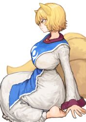 Rule 34 | 1girl, absurdres, animal ears, barefoot, blonde hair, blue tabard, blush, breasts, chanta (ayatakaoisii), dress, fox ears, fox tail, highres, large breasts, long sleeves, no headwear, profile, short hair, simple background, soles, solo, tabard, tail, toes, touhou, white background, white dress, yakumo ran