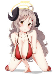Rule 34 | 1girl, absurdres, ahoge, all fours, arm under breasts, bare arms, bare legs, bare shoulders, bikini, black hoodie, blue archive, blush, breasts, brown eyes, cleavage, closed mouth, collarbone, curled horns, curly hair, front-tie bikini top, front-tie top, full body, furrowed brow, hair ornament, hairclip, halo, hand up, hanging breasts, head tilt, highres, hood, hoodie, horns, izumi (blue archive), izumi (swimsuit) (blue archive), komasi, large breasts, legs apart, light brown hair, long hair, looking at viewer, mole, mole on leg, o-ring, o-ring bikini, red bikini, red footwear, sagging breasts, sandals, shadow, short eyebrows, simple background, smile, solo, string bikini, swimsuit, white background, yellow halo