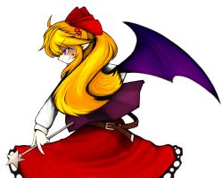 Rule 34 | 1girl, bat wings, belt, blonde hair, bow, elis (touhou), female focus, hair bow, highly responsive to prayers, highres, long hair, pointy ears, profile, purple eyes, smile, solo, touhou, touhou (pc-98), viki00, wand, wings