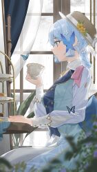 Rule 34 | 1girl, ayaka (genshin impact), bibi (user egtz4573), blue butterfly, blue dress, blue eyes, blue hair, blunt tresses, blurry, blurry foreground, blush, braid, brown hat, bug, butterfly, butterfly hair ornament, buttons, cup, dress, drink, flower, food, from side, genshin impact, gold trim, hair flower, hair ornament, hand up, hat, hat flower, hat leaf, hat ribbon, highres, holding, holding cup, holding drink, indoors, insect, kamisato ayaka, kamisato ayaka (springbloom missive), light blue hair, long sleeves, mole, mole under eye, multicolored clothes, multicolored dress, neck tassel, official alternate costume, official alternate hairstyle, parted lips, plant, potted plant, profile, puffy long sleeves, puffy sleeves, rain, ribbon, sitting, solo, table, teacup, tiered tray, transparent, white flower, window, yellow flower