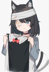 Rule 34 | 1girl, animal ears, bandage over one eye, bandaged head, bandages, black dress, black hair, blouse, cat ears, cat girl, cat tail, dress, highres, holding, holding clothes, holding dress, hospital gown, original, parted lips, satou (3366 s), shirt, short hair, sketch, tail, tail wagging, white shirt