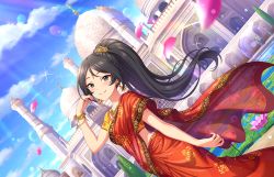 Rule 34 | 1girl, artist request, bindi, black hair, blush, bracelet, breasts, day, dutch angle, earrings, idolmaster, idolmaster cinderella girls, idolmaster cinderella girls starlight stage, india, indian clothes, jewelry, long hair, looking at viewer, necklace, official art, outdoors, parted bangs, petals, ponytail, sari, short sleeves, smile, solo, standing, sugisaka umi, sunlight, tsurime, very long hair