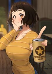 Rule 34 | 1girl, beer can, blurry, blurry background, blush, breasts, brown hair, can, closed mouth, collarbone, counter, drink can, elbow rest, highres, holding, holding can, index finger raised, kawakami sadayo, koyuki0125k, large breasts, light particles, long sleeves, looking at viewer, orange shirt, persona, persona 5, shirt, smile, solo, striped clothes, striped shirt