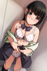 Rule 34 | 1girl, absurdres, bare shoulders, black hair, black skirt, black socks, blush, bow, bow bra, bow panties, bra, breasts, brown eyes, brown shirt, cleavage, closed mouth, clothes lift, feet out of frame, highres, kneehighs, lifting own clothes, looking at viewer, matsunaga kouyou, medium breasts, off shoulder, original, panties, shirt, skirt, skirt lift, smile, socks, solo, standing, striped bra, striped clothes, striped panties, underwear, vertical-striped bra, vertical-striped clothes, vertical-striped panties