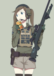Rule 34 | 1girl, bipod, blue eyes, bolt action, brown hair, bulletproof vest, chinese commentary, commentary request, drinking, drinking straw, english text, etmc1992, gloves, gun, handgun, headset, highres, holding, holding gun, holding weapon, holster, holstered, juice box, original, pistol, remington model 700, rifle, short shorts, shorts, sniper rifle, solo, thighhighs, twintails, weapon
