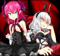 Rule 34 | 10s, 2girls, asymmetrical horns, bad id, bad pixiv id, blue eyes, breasts, carmilla (fate), cleavage, corset, dragon girl, elizabeth bathory (fate), elizabeth bathory (fate/extra ccc), fate/extra, fate/extra ccc, fate/grand order, fate (series), fingernails, horns, large breasts, long fingernails, long hair, looking at viewer, looking down, multiple girls, pink hair, plaid, plaid skirt, pointy ears, silver hair, skirt, smile, uneven horns, yarareimu, yellow eyes