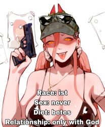 Rule 34 | 1girl, absurdres, alternate breast size, alternate hairstyle, arm tattoo, black bra, bra, breasts, bullet hole, camouflage, camouflage headwear, chainsaw man, cross, cross-shaped pupils, cross necklace, earrings, eyewear on head, gun, hair between eyes, handgun, highres, holding, holding gun, holding weapon, horns, horns through headwear, impact (font), jewelry, large breasts, long hair, looking at viewer, maggoo, makima (chainsaw man), meme, necklace, pink hair, power (chainsaw man), red horns, sharp teeth, solo, stud earrings, sunglasses, symbol-shaped pupils, tattoo, teeth, tongue, tongue out, twintails, underwear, weapon, yellow eyes