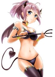 Rule 34 | 10s, 1girl, ahoge, aoba (kancolle), armlet, bare shoulders, bikini, black thighhighs, blue eyes, blush, breasts, choker, cleavage, collarbone, demon horns, demon tail, demon wings, gunner (stardustgunner), halloween, halloween costume, heart, heart tail, horns, kantai collection, looking at viewer, navel, pink hair, polearm, ponytail, purple bikini, scrunchie, short hair, simple background, smile, solo, standing, swimsuit, tail, thighhighs, trident, weapon, white background, wings, wrist cuffs