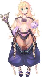 Rule 34 | 1girl, aquaplus, armlet, bands, blonde hair, blush, chain, collar, dungeon travelers 2, erthuricia vitor de ritzhevin, full body, green eyes, highres, holding, kokonoka, long hair, looking at viewer, midriff, navel, pants, sandals, see-through, smile, solo, staff, standing, striped, transparent background, vertical stripes, wavy hair