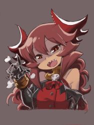 Rule 34 | 1girl, black gloves, bracelet, breasts, cum, cum on fingers, curly hair, demon girl, demon horns, dress, elbow gloves, gloves, gorget, hair between eyes, highres, horns, jewelry, long hair, maou beluzel, matsuda yuusuke, open mouth, red dress, red eyes, red hair, shaded face, sharp teeth, small breasts, smile, solo, teeth, upper body, yuusha to maou