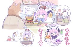 Rule 34 | 3girls, :d, animal costume, animal ears, apple tart, apron, atsuko (blue archive), bag, bell, bird, blue archive, blush stickers, box, burger, cake, cheese, chibi, cola, cream soda, dog ears, dress, drinking straw, ekoru, fast food, food, french fries, furry, hair ornament, hair scrunchie, halo, heart, holding, horns, ice cream, ice cream cone, jacket, low wings, maid apron, maid headdress, mika (blue archive), multiple girls, name tag, one eye closed, open mouth, paper, paper bag, pink hair, pink halo, red dress, red ribbon, ribbon, saori (blue archive), scrunchie, sheep horns, smile, soft serve, spoken heart, spoken star, stairs, star (symbol), swiss roll, table, tray, wings, wooden table