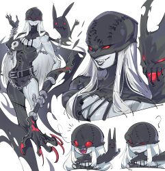 Rule 34 | 1girl, ?, animate object, black bodysuit, black lips, black mask, blush, bodysuit, breasts, chain, chibi, cleavage, colored skin, covered eyes, demon girl, digimon, digimon (creature), excited, fangs, grey skin, heart, heart in mouth, highres, ladydevimon, large breasts, multiple views, red eyes, sharp teeth, simple background, skull print, smug, stitches, teeth, torn bodysuit, torn clothes, v, white background, white hair, zocehuy