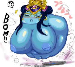 Rule 34 | !?, 1girl, ^^^, amputee, blue hair, blue skin, blush, breasts, character request, colored skin, copyright request, closed eyes, fat, floating, gigantic breasts, glasses, hair ornament, hasunalu, inflation, nipples, nude, obese, open mouth, pussy, pussy juice, quadruple amputee, simple background, smoke, solo, sweat, transformation, what, white background
