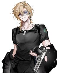 Rule 34 | 1boy, aventurine (honkai: star rail), black shirt, blonde hair, closed mouth, cowboy shot, dog tags, gun, hair between eyes, handgun, highres, holding, holding gun, holding weapon, honkai: star rail, honkai (series), jewelry, looking at viewer, male focus, multicolored eyes, necklace, official alternate costume, oryunbunkosu, shirt, short hair, simple background, smile, solo, t-shirt, two-tone eyes, weapon, white background