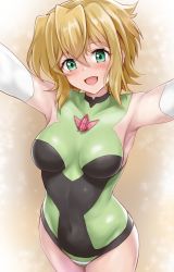 Rule 34 | 1girl, akatsuki kirika, armpits, blonde hair, blush, breasts, covered erect nipples, covered navel, elbow gloves, gloves, green eyes, leotard, looking at viewer, medium breasts, open mouth, outstretched arms, r-binon, senki zesshou symphogear, shiny skin, short hair, skin tight, smile, solo, standing, striped