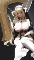 Rule 34 | 1218 haruru, 1girl, absurdres, azur lane, bare shoulders, between breasts, black gloves, blonde hair, breasts, cleavage, closed mouth, covered navel, fake horns, feet, foot focus, full body, gloves, habit, hair between eyes, highres, horns, huge breasts, implacable (azur lane), long bangs, long hair, looking at viewer, nun, pelvic curtain, red eyes, revealing clothes, sitting, smile, solo, thighhighs, veil, very long hair, white thighhighs