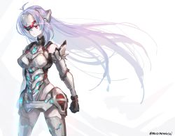 Rule 34 | 1girl, android, bare shoulders, blue hair, breasts, elbow gloves, expressionless, forehead protector, gloves, highres, kos-mos, kos-mos re:, leotard, long hair, looking at viewer, medium breasts, mutomorokoshi, red eyes, simple background, solo, standing, thighhighs, very long hair, white leotard, xenoblade, xenoblade chronicles (series), xenoblade chronicles 2, xenosaga