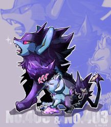 Rule 34 | &gt; &lt;, colored sclera, commentary request, creatures (company), ditto, fangs, from side, game freak, gen 1 pokemon, gen 4 pokemon, luxray, nintendo, no humans, open mouth, outline, pink sclera, pokedex number, pokemon, pokemon (creature), shinx, standing, tongue, washi 628, yellow eyes, zoom layer