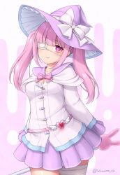Rule 34 | 1girl, bandaged leg, bandages, blunt bangs, capelet, eyepatch, hat, heart, heart-shaped pupils, long hair, looking at viewer, magical girl, original, pink eyes, pink hair, sasaame, skirt, solo, staff, standing, symbol-shaped pupils, twintails, twitter username, witch hat