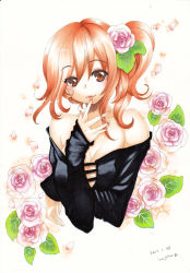 Rule 34 | 1girl, bad id, bad pixiv id, bare shoulders, blush, breasts, brown eyes, cleavage, colored eyelashes, colored pencil (medium), eyelashes, female focus, fingernails, flower, gradient background, hair flower, hair ornament, lips, looking at viewer, marker (medium), medium breasts, mosho, nature, off shoulder, orange hair, original, painting (medium), petals, pink flower, pink rose, plant, rose, short hair, side ponytail, signature, sleeves past wrists, smile, solo, traditional media, upper body, watercolor (medium), white background