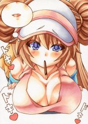 Rule 34 | 10s, 1girl, bare shoulders, baseball cap, blue eyes, blush, breast rest, breasts, brown hair, cleavage, collarbone, colored pencil (medium), commentary request, creatures (company), female focus, food, game freak, hat, imminent kiss, incoming kiss, large breasts, looking at viewer, marker (medium), millipen (medium), mouth hold, nintendo, parted lips, pocky, pokemon, pokemon bw2, rosa (pokemon), simple background, slit pupils, solo, traditional media, uneven eyes, upper body, white background, yutakasan-love