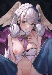 Rule 34 | 1girl, blue eyes, blue hairband, blue thighhighs, blush, bottomless, breasts, dark background, detached collar, dress, embarrassed, feathered wings, grey hair, hairband, head wings, highres, implied sex, long hair, looking at viewer, m legs, medium breasts, melia antiqua, navel, nipples, one breast out, parted lips, short dress, solo, sooon, spread legs, thighhighs, white dress, white wings, wings, xenoblade chronicles (series), xenoblade chronicles 1
