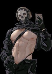 Rule 34 | 1boy, abs, absurdres, bara, black gloves, black male underwear, black pants, call of duty, call of duty: modern warfare 2, ghost (modern warfare 2), gloves, headphones, highres, holding, holding phone, large pectorals, male focus, male underwear, mask, muscular, muscular male, navel, nipples, pants, pectorals, phone, skull, skull mask, solo, taocan shisi hao, thong, underwear