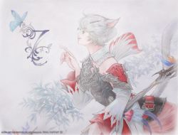 Rule 34 | 10s, 1girl, animal ears, bug, butterfly, cat ears, cat tail, copyright name, copyright notice, detached sleeves, feathers, final fantasy, final fantasy xiv, frill trim, frills, fur, green eyes, hair ornament, insect, leaf, lips, lipstick, makeup, miqo&#039;te, official art, staff, tail, warrior of light (ff14), watermark, white hair, white mage (final fantasy)