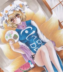 Rule 34 | 1girl, blonde hair, breasts, brown eyes, chen, chen (cat), hand fan, female focus, food, fox tail, fruit, hat, multiple tails, paper fan, ryumaira, short hair, sitting, smile, solo, tail, touhou, traditional media, uchiwa, watermelon, yakumo ran