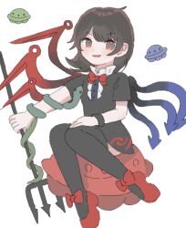 Rule 34 | 1girl, :d, black hair, blue wings, commentary request, full body, holding, holding weapon, houjuu nue, knees together feet apart, medium hair, open mouth, polearm, red eyes, red wings, simple background, smile, solo, stella (pokopokobanana), swept bangs, touhou, trident, ufo, v-shaped eyebrows, weapon, white background, wings
