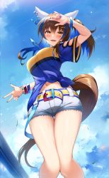 Rule 34 | 1girl, :d, absurdres, animal ears, arm up, belt, blue hair, blue nails, blue shirt, blue sky, blush, bracelet, breasts, brown hair, clothing cutout, cloud, commentary request, cowboy shot, daitaku helios (umamusume), day, denim, denim shorts, ear covers, ear ornament, from below, hair between eyes, hair ornament, hairclip, highres, horse ears, horse girl, horse tail, jewelry, koikeya, large breasts, long hair, looking at viewer, m/, midriff peek, multicolored hair, nail polish, navel, necklace, open mouth, shirt, short shorts, short sleeves, shorts, shoulder cutout, sidelocks, sky, smile, solo, standing, streaked hair, sweat, tail, tied shirt, two-tone hair, umamusume, v, wristband, yellow belt, yellow eyes