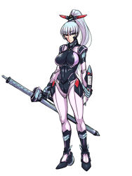 Rule 34 | 1girl, black beat, bodysuit, boots, character request, elbow gloves, gloves, long hair, ponytail, silver hair, simple background, solo, sword, weapon, white background