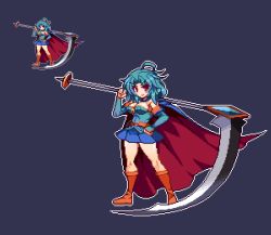 Rule 34 | &gt;:), 1girl, al (majin shoujo), arm guards, belt, belt buckle, blue background, blue hair, blue skirt, blush, boots, brave dungeon, breasts, buckle, cape, cleavage, closed mouth, commentary request, dark background, eyebrows, full body, hair intakes, hand on own hip, holding, huge weapon, knee boots, looking at viewer, majin shoujo, medium breasts, messy hair, migel futoshi, multiple views, orange footwear, over shoulder, pixel art, pleated skirt, red cape, red eyes, scythe, skirt, standing, strapless, v-shaped eyebrows, weapon, weapon over shoulder
