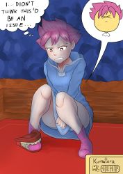 Rule 34 | 1girl, absurdres, between legs, biku, blue dress, blue panties, boots, character name, clenched teeth, dress, english text, female focus, flat chest, full body, hand between legs, have to pee, highres, hooded dress, kumatora, long sleeves, looking down, mother (game), mother 3, nintendo, panties, pink footwear, pink hair, red eyes, short hair, solo, speech bubble, squatting, striped clothes, striped panties, sweat, teeth, thought bubble, underwear, urine meter