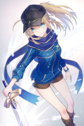Rule 34 | 1girl, ahoge, artoria pendragon (fate), baseball cap, black hat, black shorts, blonde hair, blue eyes, blue jacket, blue scarf, commentary request, excalibur (fate/stay night), fate/grand order, fate (series), hair through headwear, haizome senri, hat, highres, himitsucalibur (fate), holding, holding sword, holding weapon, jacket, looking at viewer, mysterious heroine x (fate), plaid, plaid scarf, ponytail, rojiura satsuki: chapter heroine sanctuary, scarf, shorts, solo, sword, track jacket, weapon
