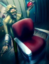 Rule 34 | 1boy, blonde hair, cachet, cartoon network, chair, courage the cowardly dog, creepy, evil grin, evil smile, eyebrows, freaky fred, green eyes, grin, horror (theme), male focus, naughty face, smile, solo, teeth, towel, you gonna get raped