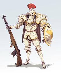 Rule 34 | 1other, absurdres, alternate universe, ambiguous gender, armor, clenched hands, commentary, eko999, english commentary, fantasy, full armor, full body, gun, gundam, gundam wing, helmet, highres, holding, holding gun, holding weapon, knight, looking ahead, pauldrons, rifle, shield, shoulder armor, solo, standing, tallgeese, visor, weapon