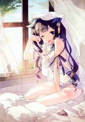 Rule 34 | 1girl, absurdres, bare shoulders, bed, blue eyes, blue hair, breasts, cleavage, h2so4, highres, kneeling, pillow, rubbing eyes, sitting, solo, tired, veil, waking up, window