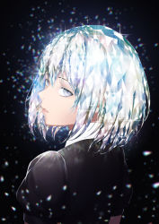 Rule 34 | androgynous, bad id, bad pixiv id, black background, black shirt, blue eyes, blue hair, diamond (houseki no kuni), eyelashes, from behind, gem uniform (houseki no kuni), gender request, glint, highres, houseki no kuni, lips, looking at viewer, looking back, motion blur, multicolored hair, parted lips, puffy short sleeves, puffy sleeves, scal2let, shatter, shirt, short hair, short sleeves, silver hair, upper body